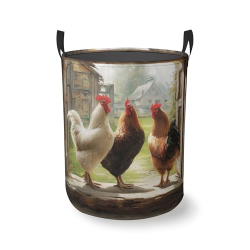 Retro FarmhouseRooster Laundry Basket With Handles Tote Bag Oxford Cloth Funny Laundry Hamper Clothes Storage Bucket Toy Organizer 16" X 20.8"For Bathroom/Laundry/Bedroom - color: Retro FarmhouseRooster