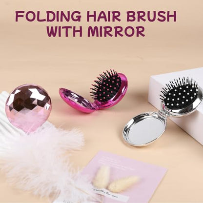 Shinning Diamond Design Folding Hair Brush Travel Hairbrush with Mirror,Pocket Foldable Comb Compact Brush for Purse for Girls and Women (Violet) - color: Diamond Violet
