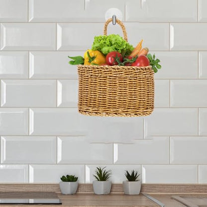 Cabilock Small Wall Hanging Basket | Boho Plastic Woven Kitchen Organizer | Compact 7.5 x 7.5 x 9.25 in size for small fruit, garlic, keys, or faux flowers