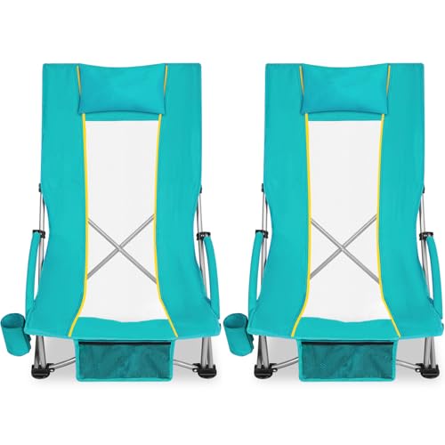 Romswi Compact High Back Beach Chair, Lightweight Low Seat Travel Chair, Beach Chair Fits in Suitcase, 400lbs Heavy Duty Folding Camping Chair with Cup Holder & Pocket, Green - color: Green - High Back