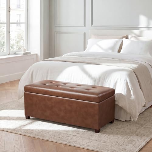Asense Storage Ottoman Bench,Faux Leather Upholstered Ottoman with Storage,End of Bed Bench with Safety Hinge Wooden Legs,for Entryway,Bedroom,Living Room - color: 37" Faux Leather Tan Brown
