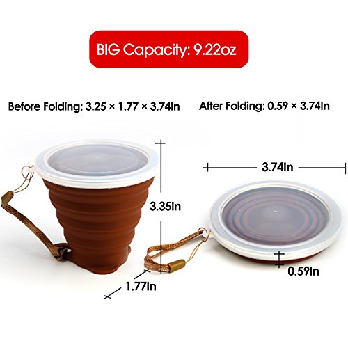 ME.FAN Silicone Collapsible Travel Cup - Silicone Folding Camping Cup with Lids - Expandable Drinking Cup Set - Portable, Graduated [9.22oz] - color: 4 Pack-Orange-Blue-Coffee-Purple