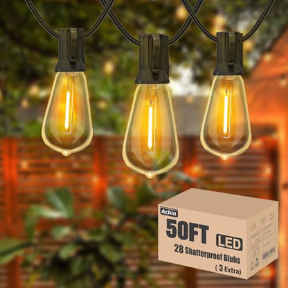 Achin Outdoor String Lights - 50ft LED Dimmable ST38 Warm Edison String Lights, Waterproof, Shatterproof, Connectable, Patio, Pergola, Bistro, Garden, Wedding, 2 Year Warranty - color: ST38-Black-2200K, size: 50FT 25 Bulbs