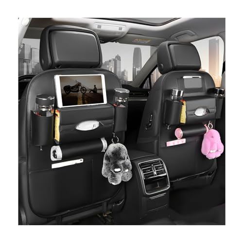 2PCS Car Seatback Organizer, Waterproof Leather Seat Back Storage with Cup Holder Tissue Holder Multiple Pockets, Back Seat Protector Kick Mats for Kids, Travel Accessories (Black) - color: Black