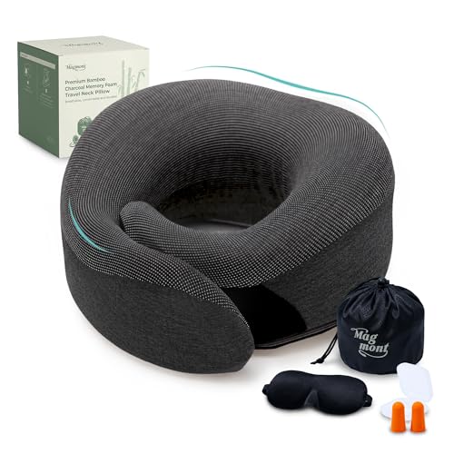 Travel Neck Pillow for Airplanes, 360° Chin Support Memory Foam Travel Pillow for Long Flights, Bamboo Charcoal Memory Foam, Removable Washable Cover, Sleep Mask & Earplugs Included - color: Deep Gray