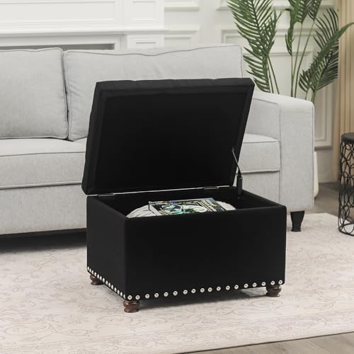 Joveco Storage Ottoman Bench, Rectangle 24″ Linen Foot Rest Stool Square Footstool for Living Room, Bedroom, Black - color: Line Black