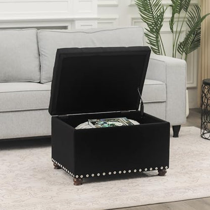 Joveco Storage Ottoman Bench, Rectangle 24″ Linen Foot Rest Stool Square Footstool for Living Room, Bedroom, Black - color: Line Black