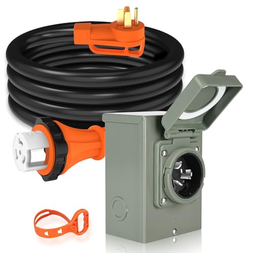 WELLUCK 50 Amp Emergency Power Combo Kit with SS2-50 Inlet Box and 15 FT Cord, NEMA 14-50P to SS2-50R RV Power Extension with Grip Handle, ETL Listed - size: 15 Ft Cord+50 Amp Box