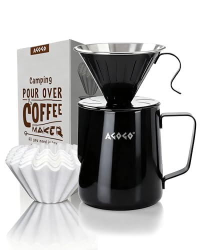 AGOGO Pour Over Coffee Maker Set - Unbreakable 304 Stainless Steel V60 Dripper & Server for Camping & Party, Includes 50 Paper Filters & Barista Towel - Black - 30oz - color: A02-Black, size: 30oz / 900ml (Full Set)