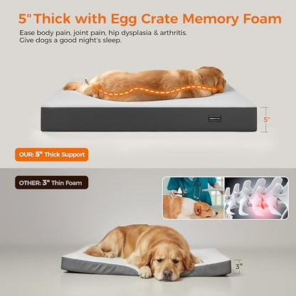 5 Inch Thick Orthopedic Dog Bed for Medium & Large Dogs, High Density Egg Crate Memory Foam with Support Foam, Waterproof Liner & TPU, Removable Washable Cover, Nonskid Bottom, 36"x27"x5", Grey - size: 36''L x 27''W x 5''Th