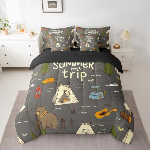 Erosebridal Happy Camping 7 Piece Comforter Set Twin Bed in a Bag,Kids Hunting Bear Pike Fish Bedding,Camper Accessories Sheet Set,Travel Car Hiking Down Comforter,Guitar Camera Flat Sheet,Black - color: Black, size: Twin
