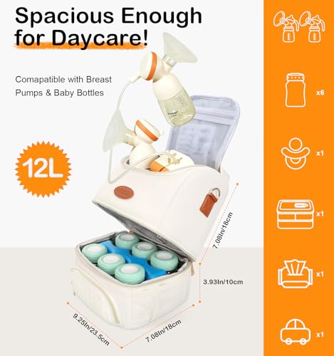 PIIOSER Breastmilk Cooler Bag with Ice Pack, Double Deck Insulated Baby Bottle Travel Bags with Shoulder Strap, Wearable Breast Pump Carry Bag for Nursing Moms Daycare, Work, Picnic(Cream) - color: Cream-2