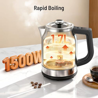 1.7L Electric Glass Kettle with Variable Temperature Control, 1500W Fast Heating Water Boiler, 13 Temperature Presets, Keep Warm Function, Auto Shut-Off Safety Protection, LED Touch Panel, 120V