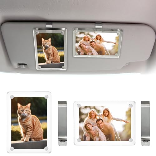 2Pcs Car Visor Photo Clip - Magnetic Acrylic Frame for 3" Photos,Sun Visor Clip with Strong Magnet,Drive Safe Gift for Boyfriend, Husband, Drivers (Clear)