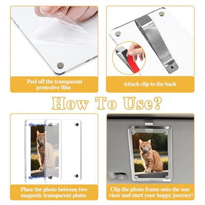 2Pcs Car Visor Photo Clip - Magnetic Acrylic Frame for 3" Photos,Sun Visor Clip with Strong Magnet,Drive Safe Gift for Boyfriend, Husband, Drivers (Clear)