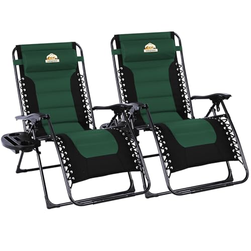 Colegence Oversized Padded Zero Gravity Lounge Chair Set of 2, Foldable Patio Anti Gravity Reclining Chairs Folding Lawn Recliner with Cup Holder for Yard, Camping, Outdoor, Support 350 LBS, Green - color: Green, style: 2-Pack