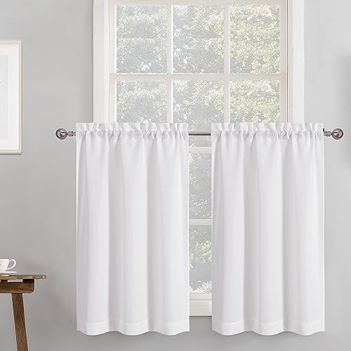 Chyhomenyc 2 Panels White Kitchen Curtains 36 Inch Length Tier Curtain, Faux Linen Textured Small Cafe Curtain, Light Filtering Short Window Curtains for Bathroom Basement, 30x36 inch, 2PCS - color: White, size: 30"W x 36"L (Pack of 2)