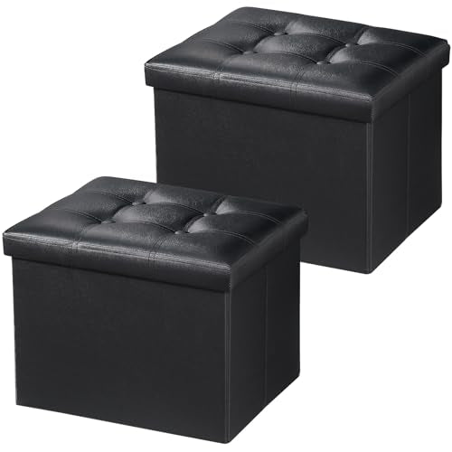 Bsketa 2PC Storage Ottoman, Folding Foot Stool with Thicker Foam Padded Seat Small Leather Storage Ottoman Bench Foot Rest for Living Room Foldable Coffee Table 17x13x13in,Black - color: Black-2pc