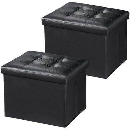 Bsketa 2PC Storage Ottoman, Folding Foot Stool with Thicker Foam Padded Seat Small Leather Storage Ottoman Bench Foot Rest for Living Room Foldable Coffee Table 17x13x13in,Black - color: Black-2pc