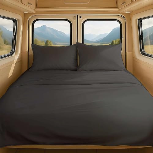 NON Sticky cotton 4 Piece Premium Egyptian Cotton RV Short Queen Sheet Set, 15" Deep Pocket Fitted, Soft, Easy Care, Camper Bedding Sheets for Bunks and Motorhomes, 60" x 75", Dark Grey Solid - color: Dark Grey Solid, size: Short Queen