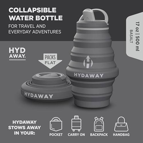 HYDAWAY 17oz Collapsible Water Bottle - BPA-Free, Leakproof, Lightweight, and Space-Saving - Perfect for Travel, Hiking, and Everyday Hydration - color: Basalt