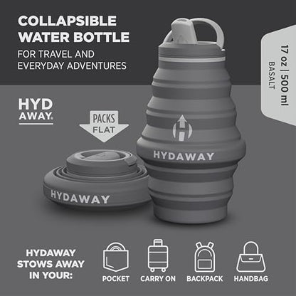 HYDAWAY 17oz Collapsible Water Bottle - BPA-Free, Leakproof, Lightweight, and Space-Saving - Perfect for Travel, Hiking, and Everyday Hydration - color: Basalt