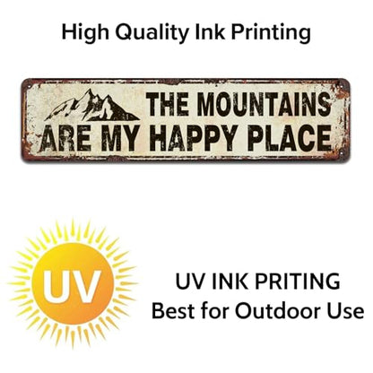 The Mountains Are My Happy Place Sign, Rustic Tin Signs 4x16 Inch - color: V-142