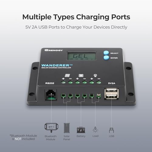 Renogy Wanderer 10A Solar Charge Controller - 12V/24V PWM Auto-Detect, LCD Display, USB & Lithium Support for RV Marine Off-Grid - size: 10A Standard
