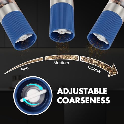 vzaahu Mini Salt and Pepper Grinder Set Blue and Gray with Bag and Funnel, Small Travel Portable Spice Tools, Adjustable Coarseness, Refillable, Ceramic Burrs Seasoning Mills for Cooking, BBQ, RV - color: blue and grey