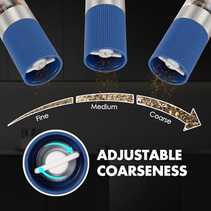 vzaahu Mini Salt and Pepper Grinder Set Blue and Gray with Bag and Funnel, Small Travel Portable Spice Tools, Adjustable Coarseness, Refillable, Ceramic Burrs Seasoning Mills for Cooking, BBQ, RV - color: blue and grey