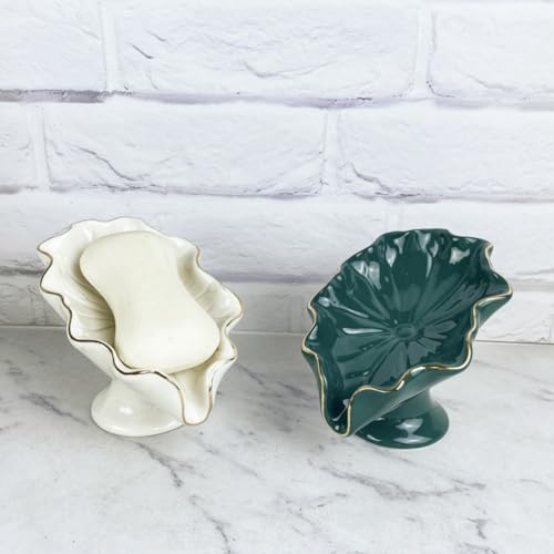 Ceramic Soap Holder, Lotus-Leaf Shape Soap Dish, Delicated Self Draining Sponge Holder for Bathroom Kitchen, Portable Home Soap Saver(White/Green)(White)