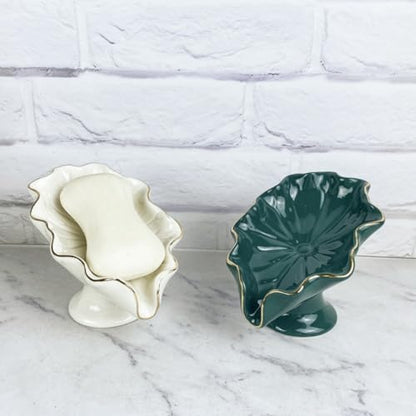 Ceramic Soap Holder, Lotus-Leaf Shape Soap Dish, Delicated Self Draining Sponge Holder for Bathroom Kitchen, Portable Home Soap Saver(White/Green)(White)