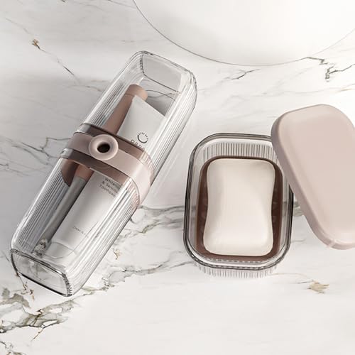 Toothbrush Travel Case & Travel Soap Holder Dish Tray Set of 2, Portable Clear Toothbrush Holders with Cover Leakproof Bar Soap Holder for Traveling School Camping Business Bathroom - color: 2 Pc-b-dark Coffee