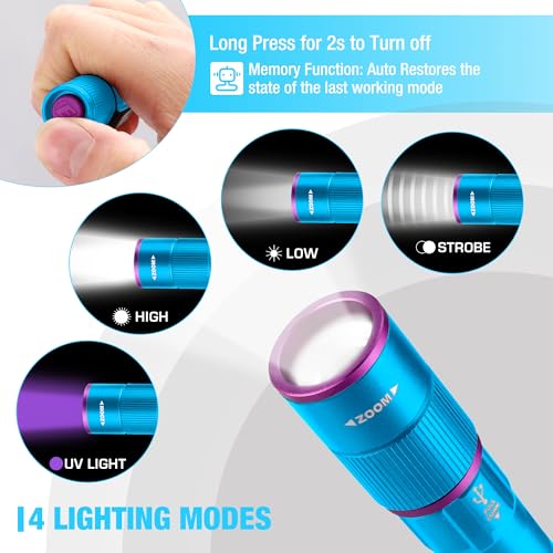 EverBrite Rechargeable Pen Flashlight with UV Light and White Light, 395nm Black Flashlight with Clip, Zoomable 4 Modes with Memory, USB C Cable, for Camping, Emergency, Pet Urine Detection,Blue - color: Blue