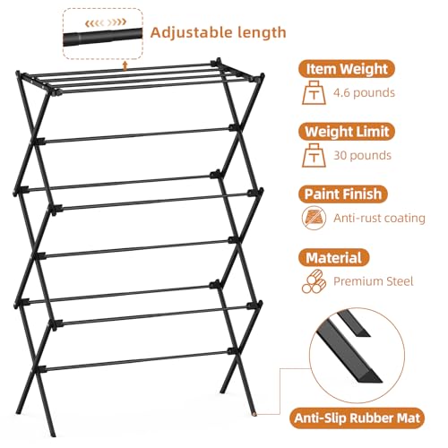 Drying Rack Clothing, 3-Tier Clothes Drying Rack Foldable, Antirust Laundry Drying Rack Collapsible Use for Indoor & Outdoor, 11.8" D x 34.6" W x 35.4" H, Black - color: Black