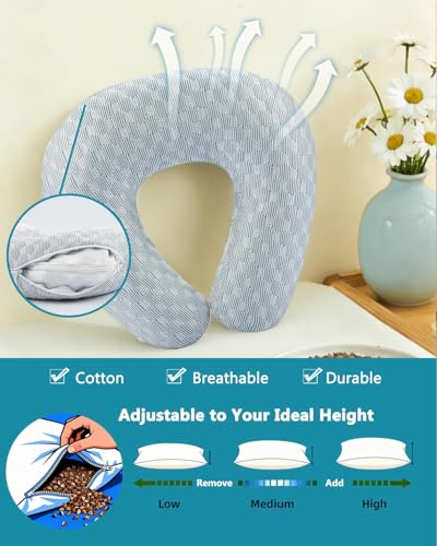 Buckwheat Neck Pillow with Dual-Layer Pillowcase, 12''x12'' Adjustable Firm U Shaped Pillows, Breathable for Cool Sleep, Neck Support Buckwheat Hulls Pillow for Back Sleeper (Grey) - color: 3d-grey