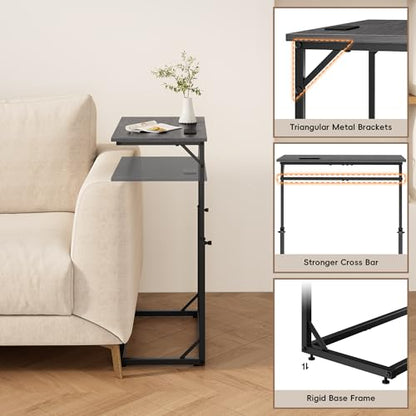 Vagusicc C Shaped End Table with Charging Station, Large C-Table End Table Adjustable Height Side Table for Couch, Sofa Table Slide Under Couch Table TV Tray Table for Living Room, Bedroom,Gray Walnut - color: Gray Walnut, style: With Plug