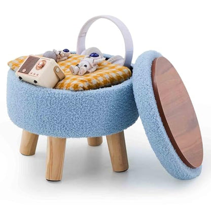 Wimarsbon Storage Ottoman, Modern Round Footrest with Soft Padded Seat, Teddy Velvet Footstool with Wood Legs, Accent Small Table or Plant Stand for Hallway, Living Room (Blue) - color: Blue