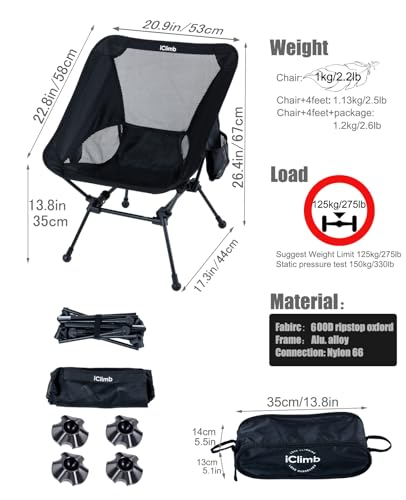 iClimb Ultralight Compact Camping Folding Beach Chair with Anti-Sinking Large Feet and Back Support Webbing (Black - Square Frame - 2PC) - color: Black (Square Frame)