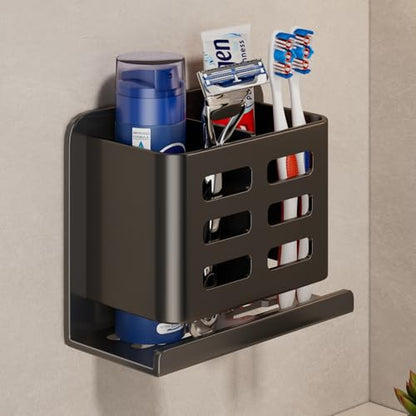Black Wall-Mounted Toothbrush Holder, Aluminum Material Shower Shaver Storage Rack, No Drilling Required, Removable Toothpaste Storage Rack - size: Black double slot