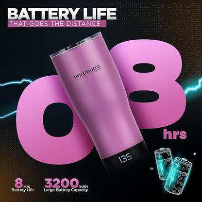 SMRTMUGG X Heated Coffee Mug 19 oz., 8 Hour Battery Life, Self-Heating, Adjustable Temp Controlled, LCD Screen, Includes Cover with Magnetic Slider (Black) (Lilac) - color: Lilac