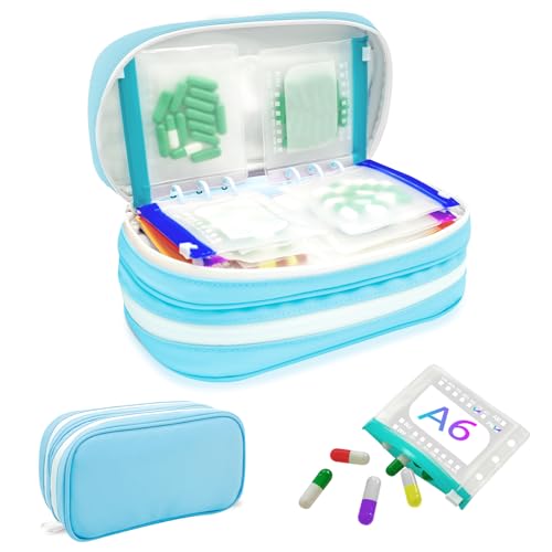 Timueetech XXL A6 Double-Compartment Waterproof Pill Organizer with 28 M Size Zippered Pill Pouches for A6 Binder, Large BPA-Free Monthly Medicine Organizer, Reusable Travel Pill Storage System - color: Blue
