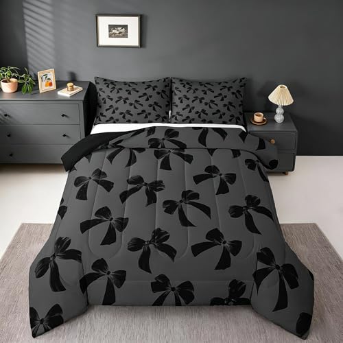 Feelyou Cute Bowknot Bedding Set for Kids Boys Girls Twin Size Cute Dreamy Princess Style Comforter Set Ultra Soft Bow Pattern Comforter Bowknot Duvet Quilt Bedroom Decor Bow Quilt - color: Black Gray, size: Twin