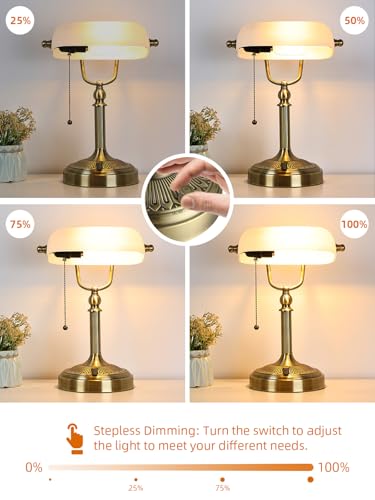 White Matted Glass Bankers Desk Lamp, Stepless Dimmable Table Lamp Plug in Fixture for Study, Home Office,Library, LED Bulb Included