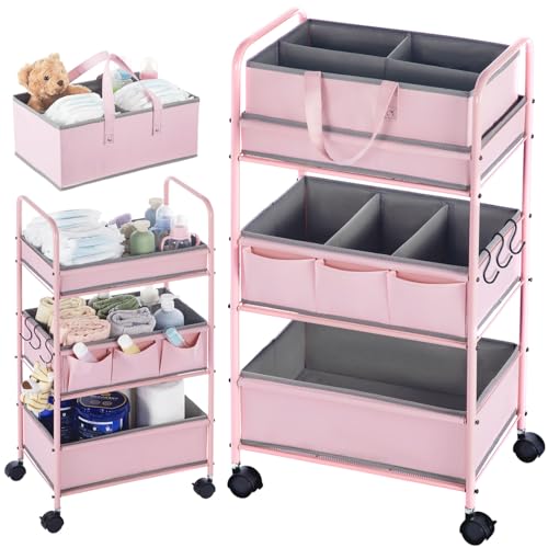 Honeydak 2in1 Baby Diaper Caddy Organizer Cart 3 Tier Large Capacity Metal Utility Bedside Rolling Cart with Divider Newborn Registry Nursery Essential Must Have Crib Bedroom Baby Shower(Pink) - color: Pink