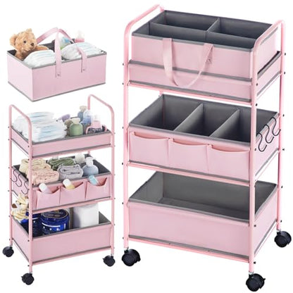 Honeydak 2in1 Baby Diaper Caddy Organizer Cart 3 Tier Large Capacity Metal Utility Bedside Rolling Cart with Divider Newborn Registry Nursery Essential Must Have Crib Bedroom Baby Shower(Pink) - color: Pink