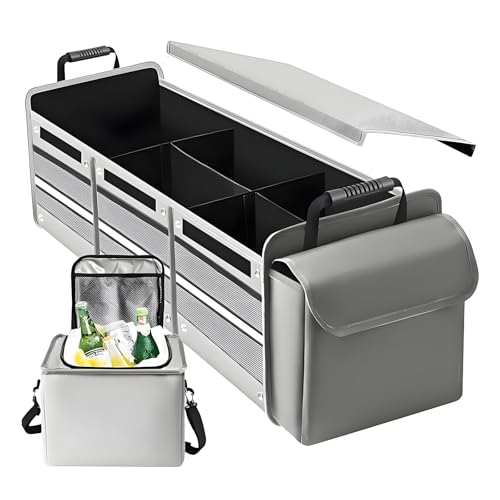 Collapsible Trunk Organizer for Car with Insulated Leakproof Cooler Bag, 3 Compartments SUV Cargo Organizer w/Removable Dividers, 5-in-1 Storage w/Foldable Lid & 2 Tie-Down Straps (Grey) - color: Grey