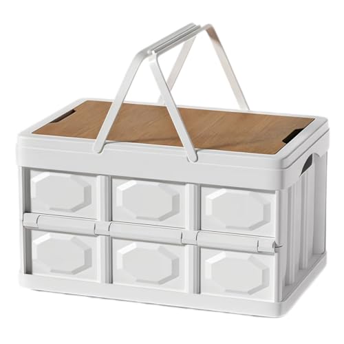 Folding Storage Box with Wooden Lid,56L Collapsible Storage Crate,100KG Load Capacity Portable Foldable Storage Bin,Multifunctional Car Trunk Organizer for Camping, Picnic, Home, Outdoor(White) - color: White