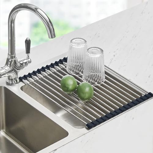 Seropy Roll Up Dish Drying Rack Over the Sink Drying Rack for Kitchen Counter, Rolling Dish Rack Over Sink Mat, Foldable Dish Drainer Stainless Steel Rack Kitchen Organization Gadgets 20.5"x11.8" - color: Black, size: 20.5 x 11.8 in