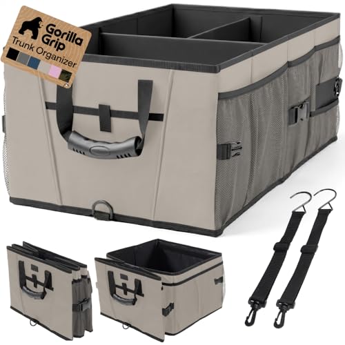 GORILLA GRIP Trunk Organizer for SUV and Cars, Large Capacity Collapsible Car Trunk Storage Organizer, Heavy Duty Car Accessories, Gifts for Mom and Dad, Slip & Water Resistant Multi Compartment Beige - color: Beige